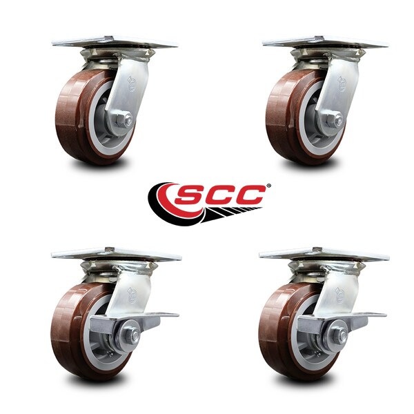 5 Inch Polyurethane Swivel Caster Set with Ball Bearings 2 Brakes